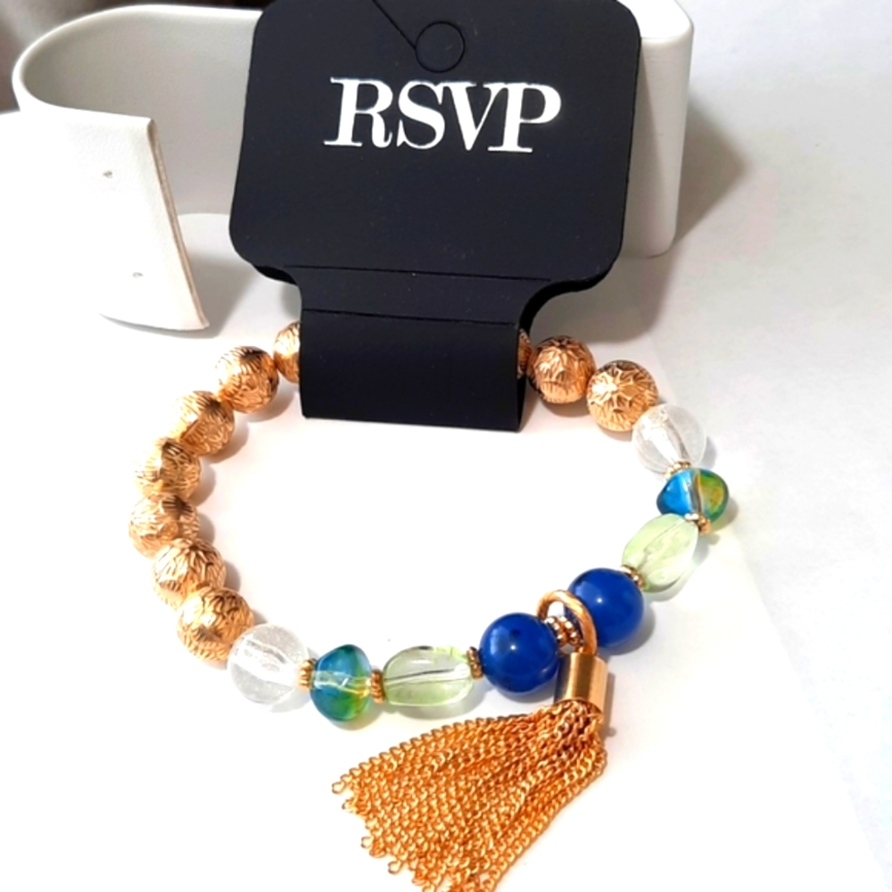 RSVP bangle bracelet in green blue clear and gold beads